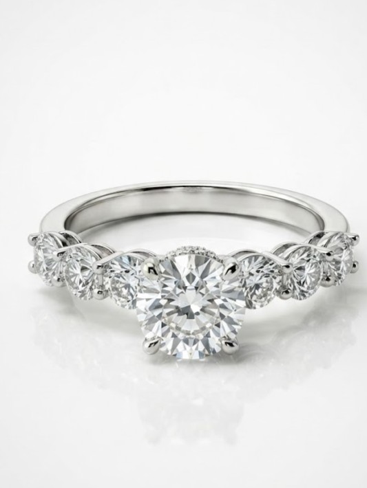 Seven-Stone Round Brilliant Cut Diamond Engagement Ring with Hidden Halo