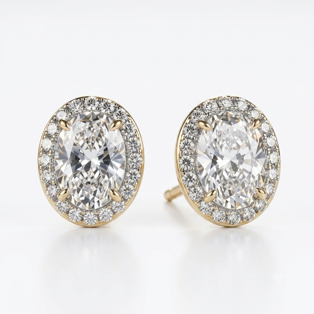 Oval Diamond Halo Stud Earrings in Yellow Gold