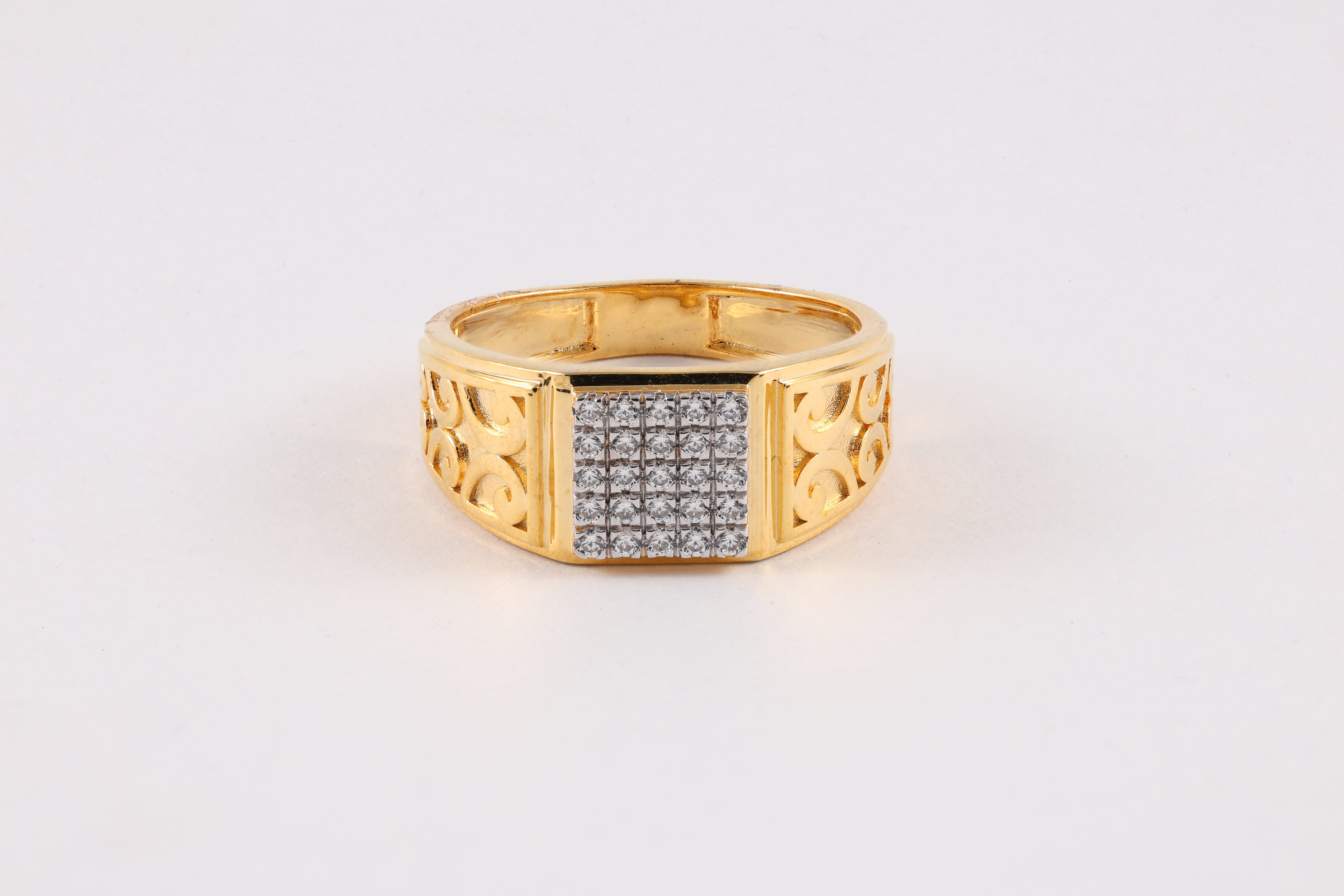 Yellow Gold Diamond Ring with Scroll-Carved Shoulders