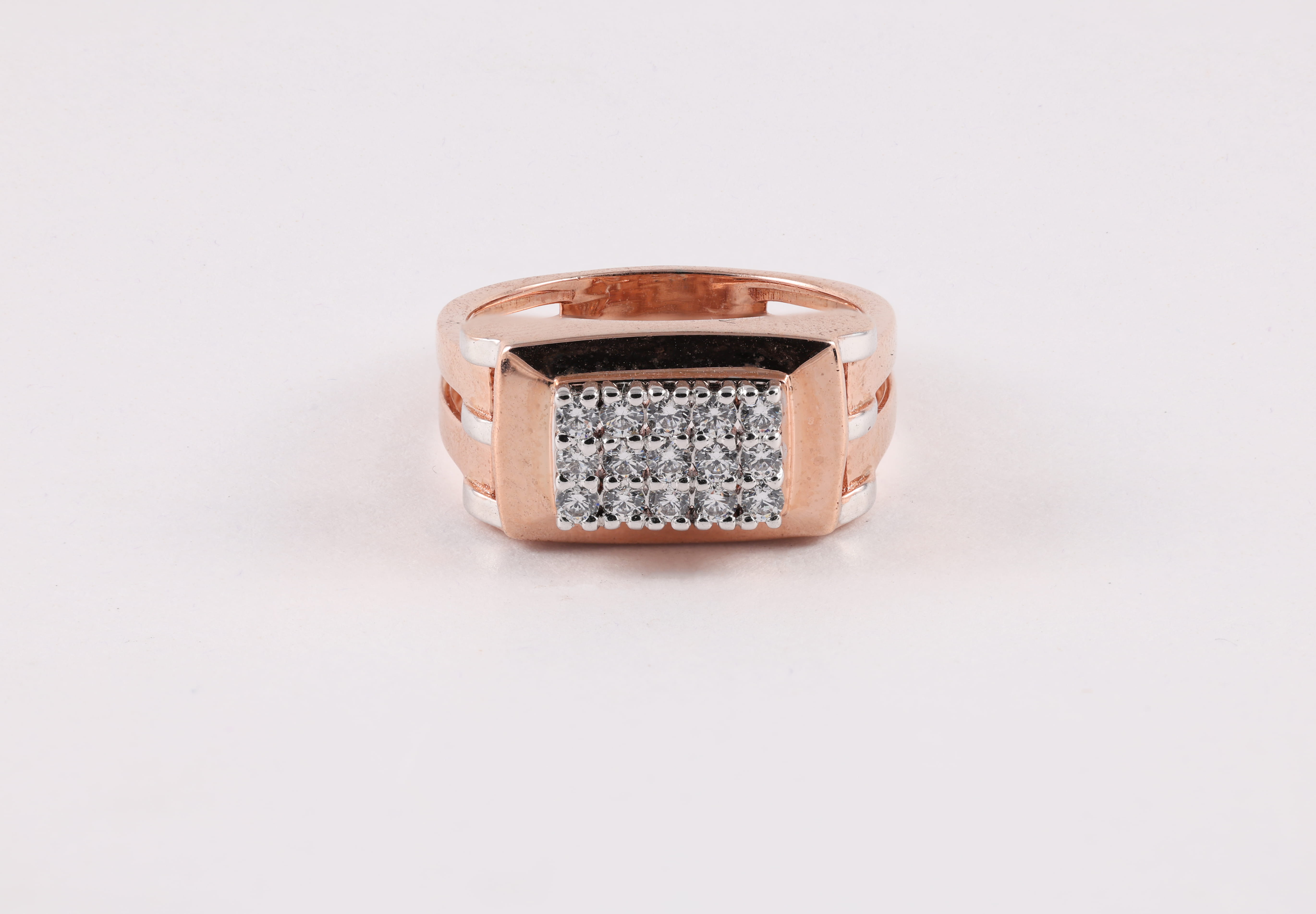 Rose Gold Diamond Panel Ring with Ribbed White Gold Accents
