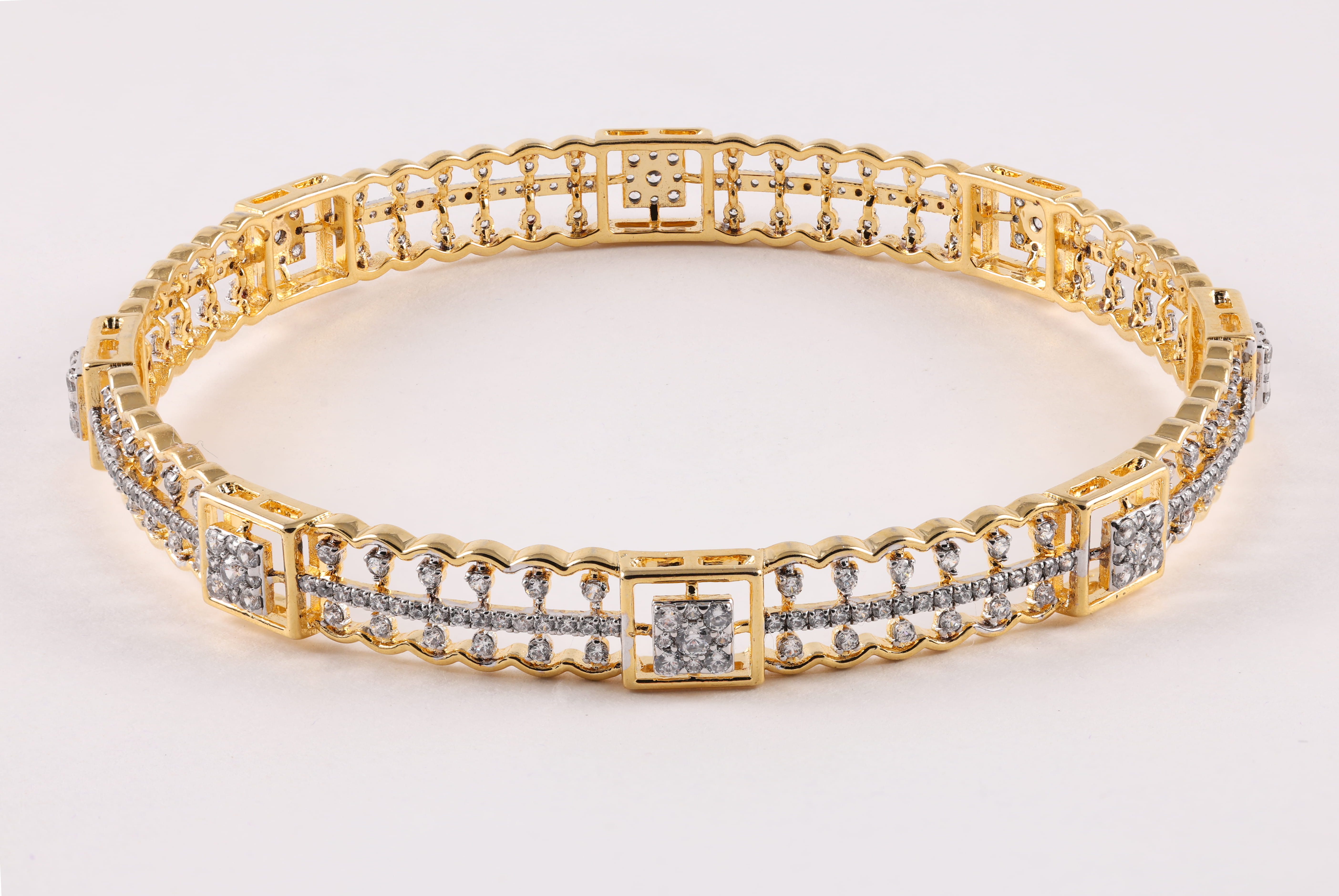 Yellow Gold Diamond Bangle with Openwork Panel Design