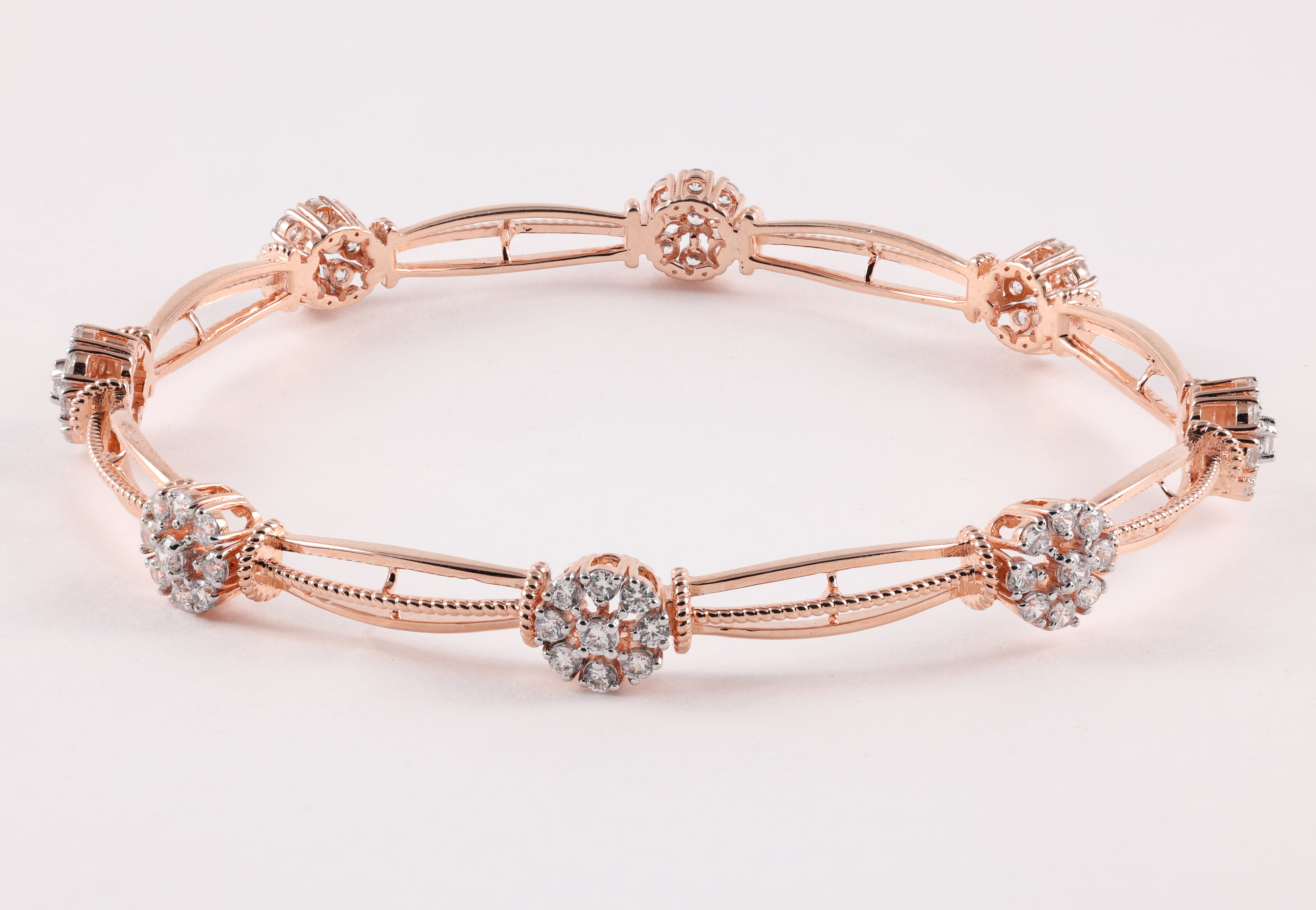 Rose Gold Diamond Flower Cluster Link Bracelet
