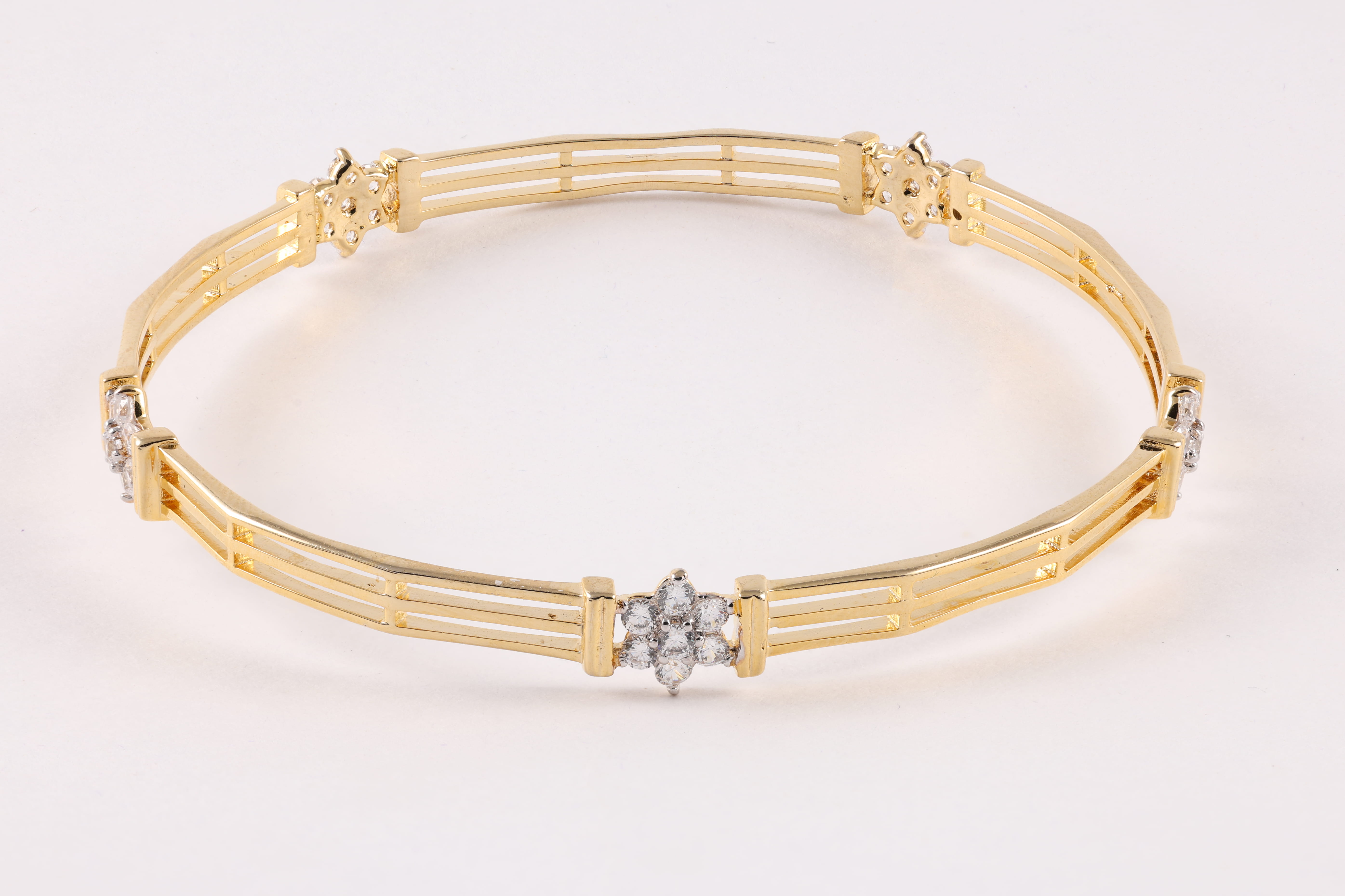 Yellow Gold Diamond Flower Bangle with Ladder-Link Design