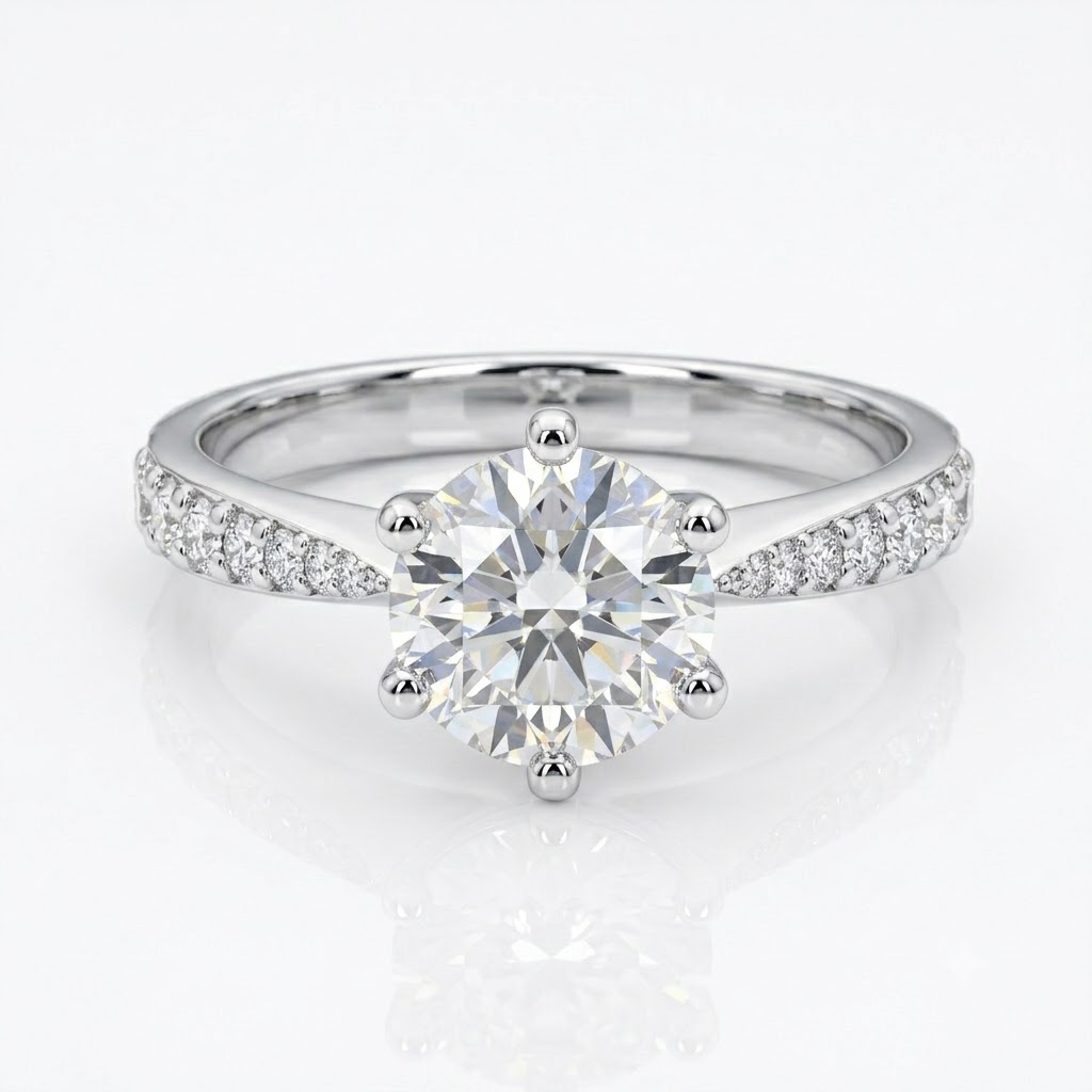 Six-Prong Round Cut Diamond Pave Engagement Ring in Sterling Silver