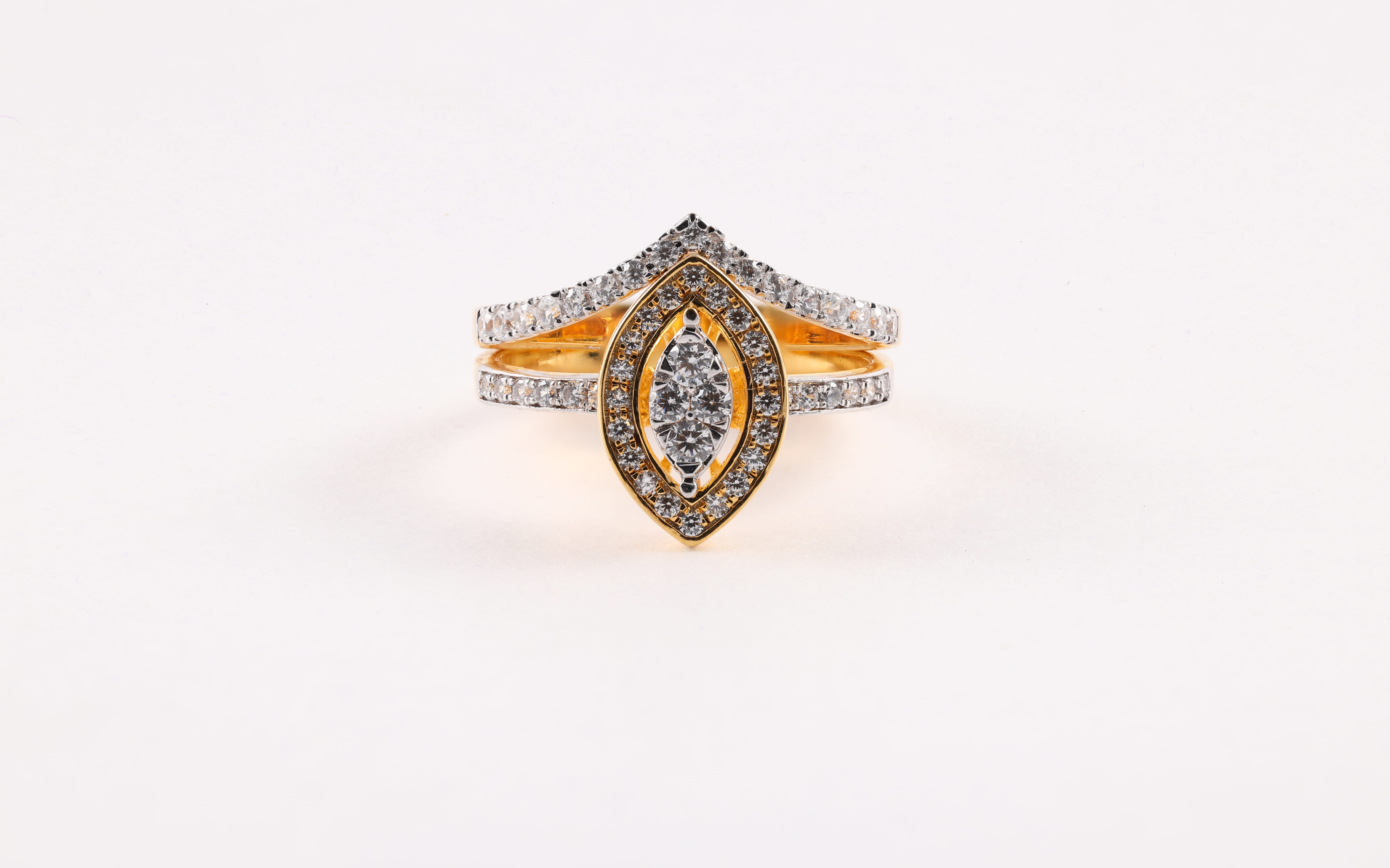 Yellow Gold Diamond Marquise Halo Ring with Chevron Band
