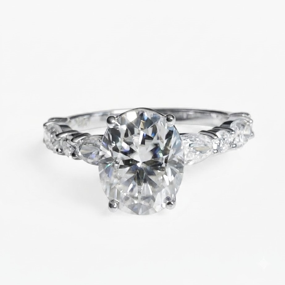 Oval Cut Diamond Engagement Ring with Marquise and Round Accent Band