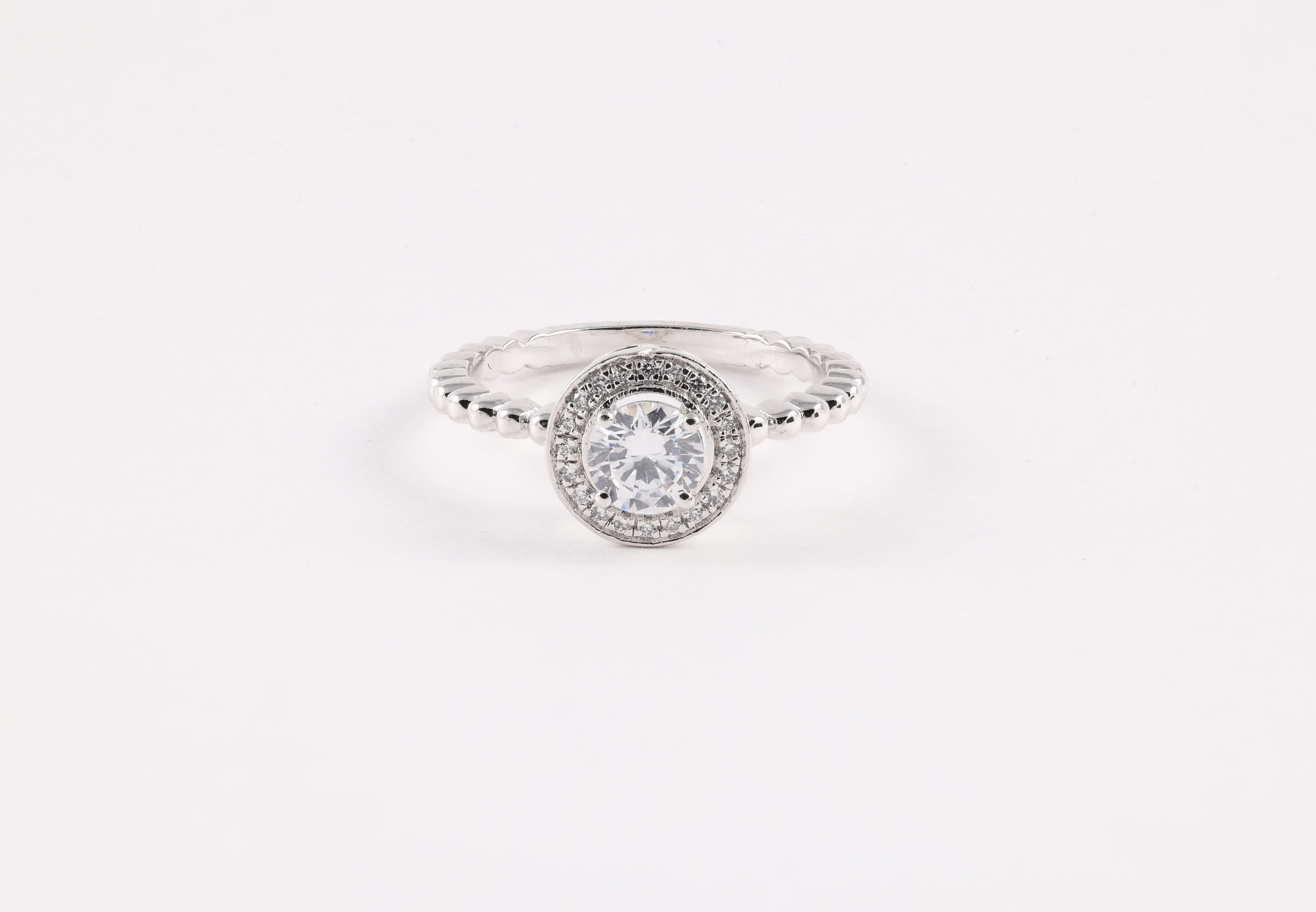 White Gold Diamond Halo Ring with Beaded Band