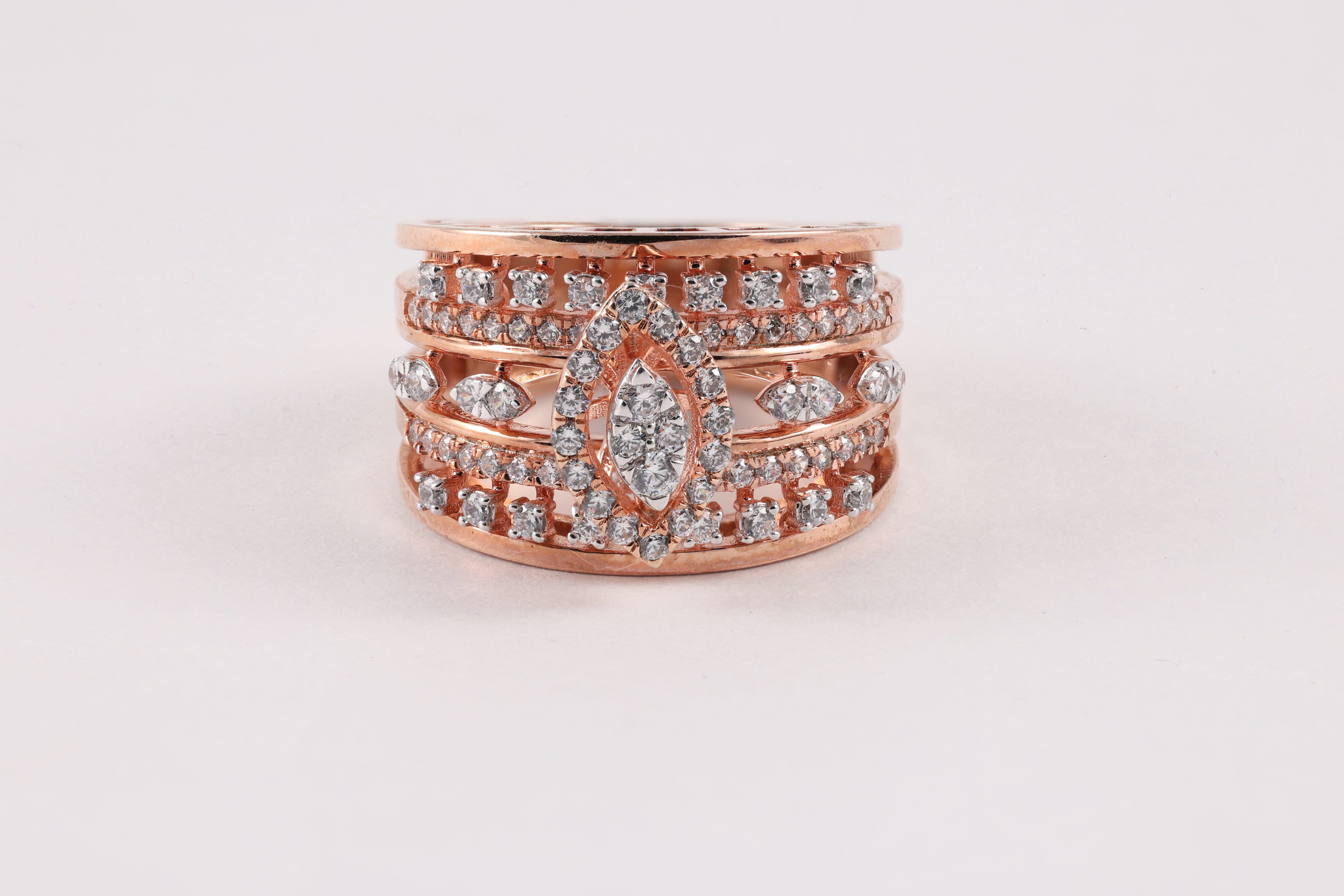 Rose Gold Diamond Wide Band Ring with Marquise Centerpiece
