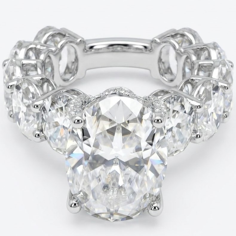 Oval Cut Diamond Eternity Engagement Ring with Matching Band Stones
