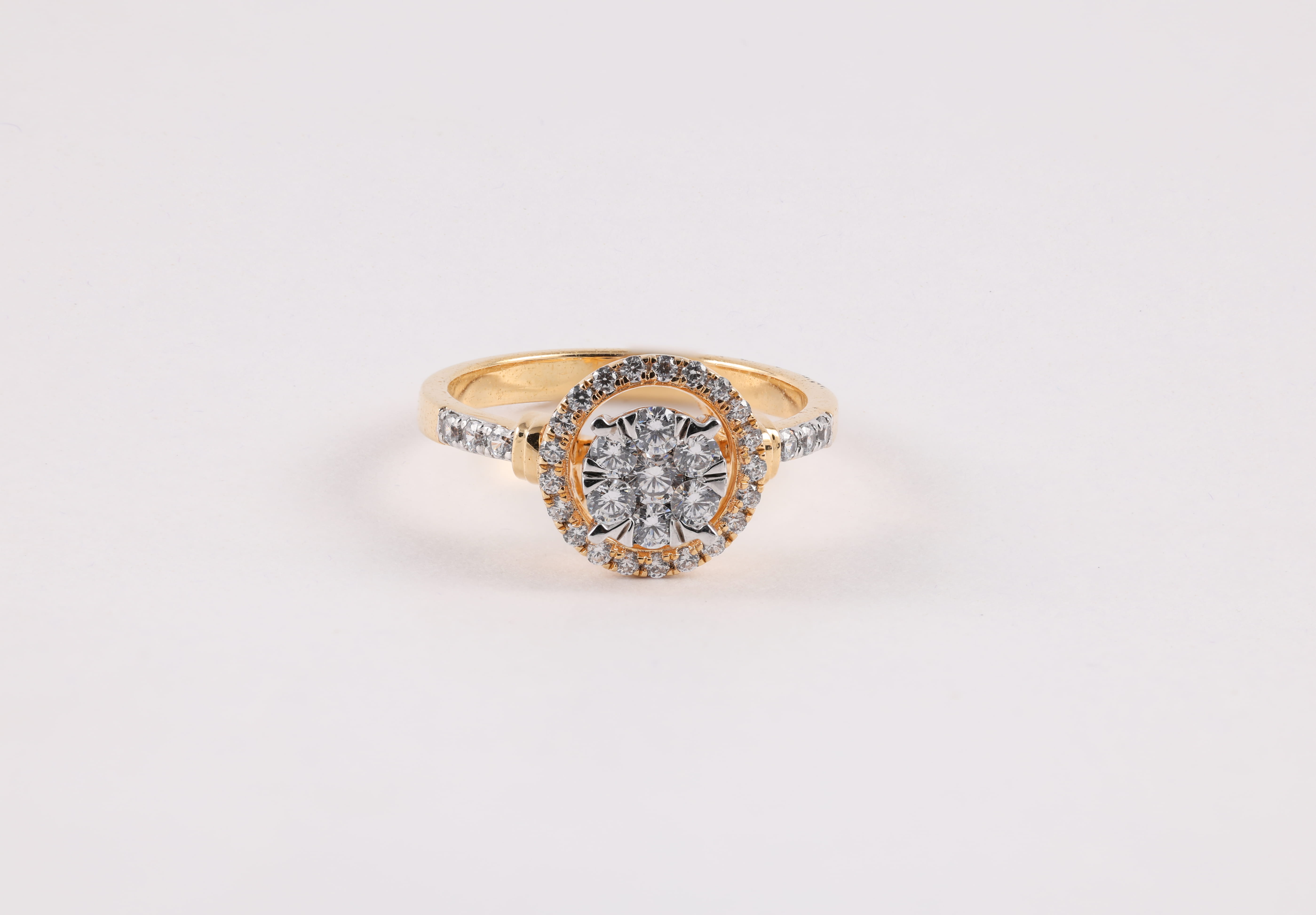 Yellow Gold Diamond Halo Ring with Diamond Shoulders