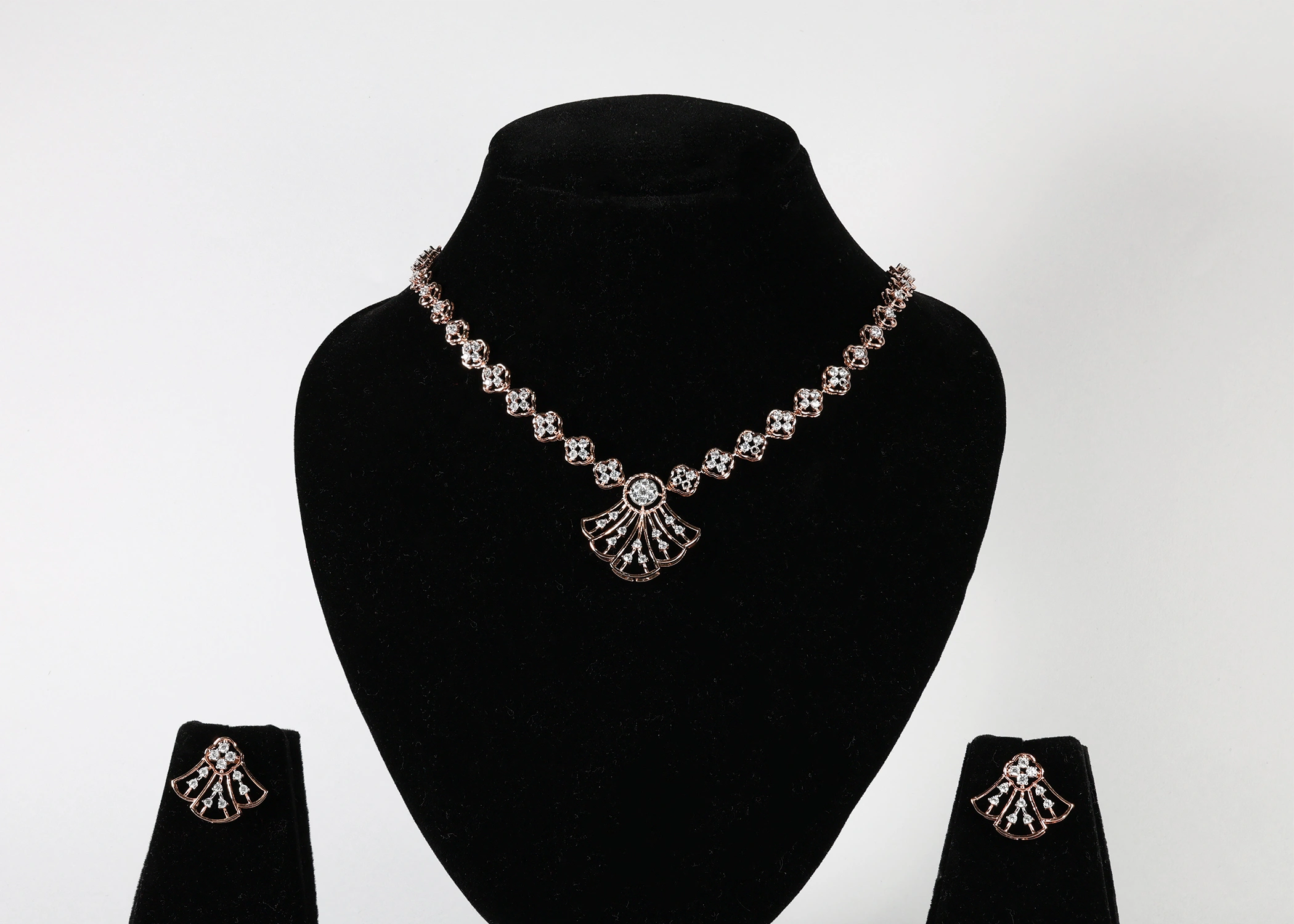 Art Deco Fan Real Gold Diamond Necklace Set with Matching Earrings