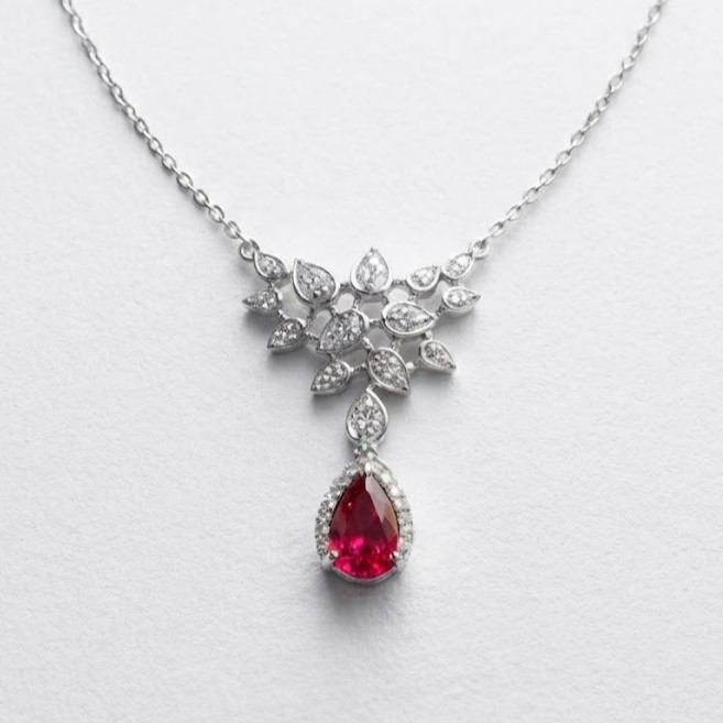 Exquisite Pear-Cut Ruby and Diamond Cluster Pendant Necklace in Sterling Silver