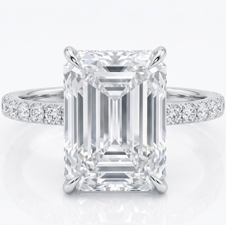 Emerald Cut Diamond Pave Engagement Ring in Sterling Silver