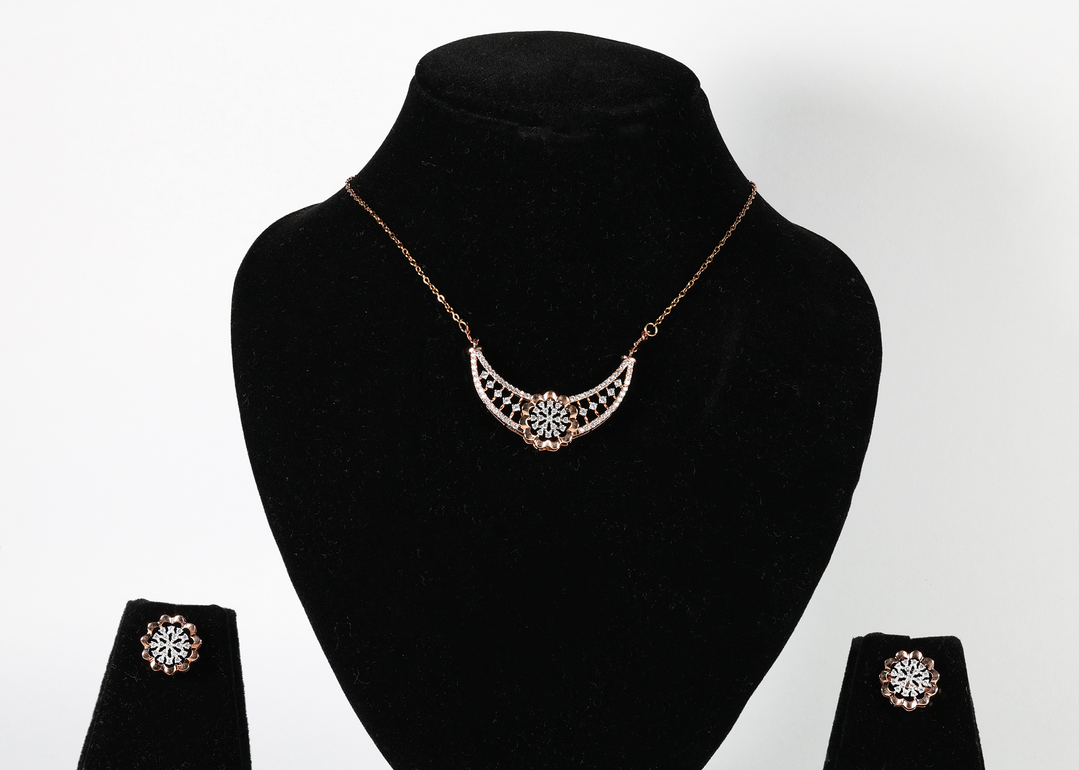 Crescent Floral Real Gold Diamond Mangalsutra Set with Matching Earrings