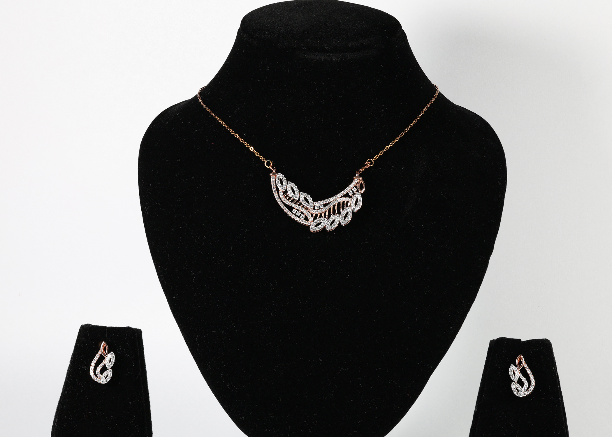 Curved Leaf Design Real Gold Diamond Mangalsutra Set with Matching Earrings