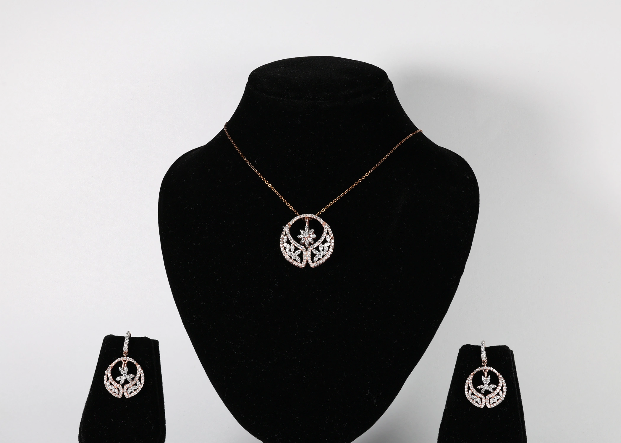 Dove Leaf Real Gold Diamond Pendant Set with Matching Earrings