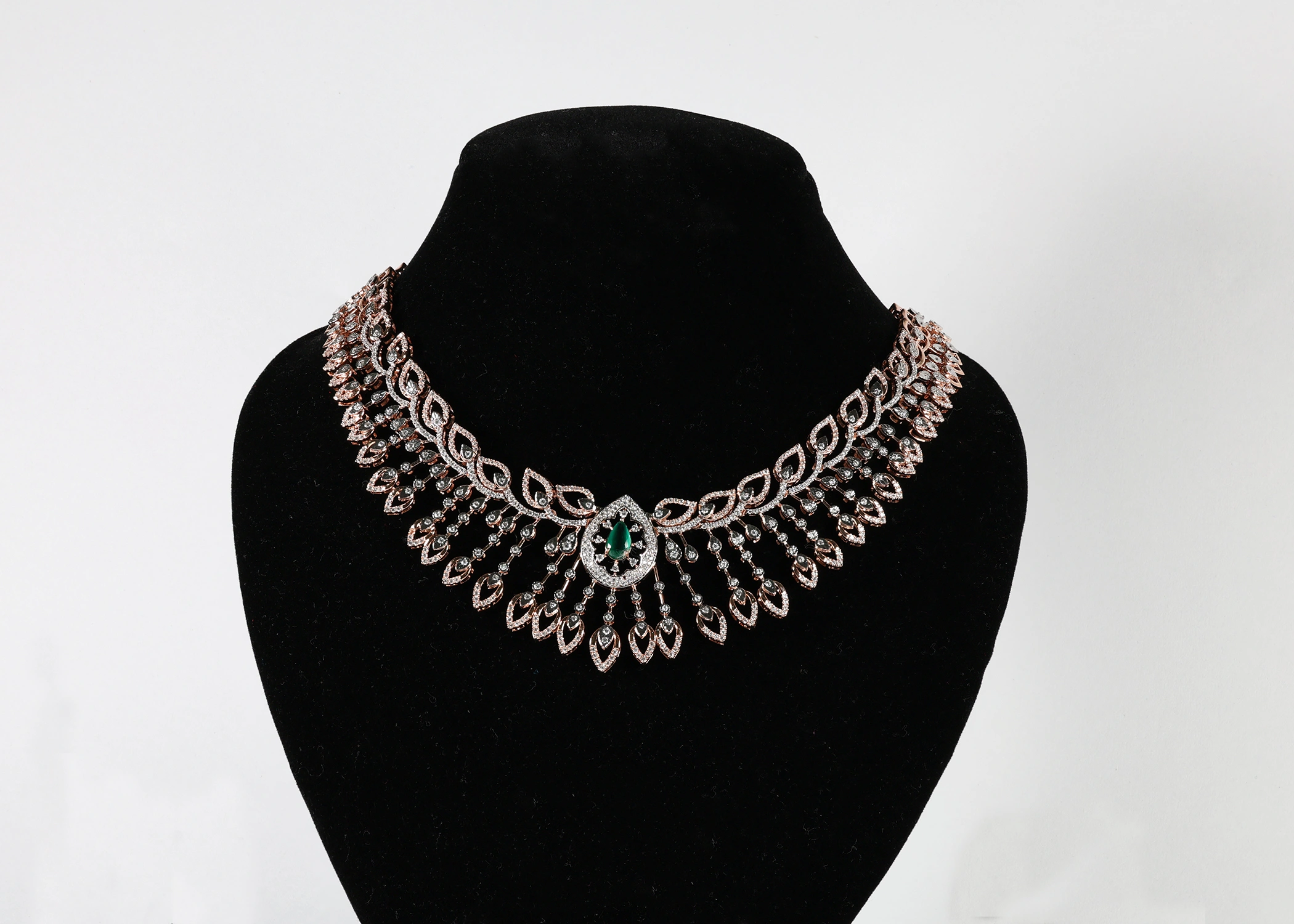 Emerald Leaf Real Gold Diamond Necklace in 14K, 18K & 22K Gold | Natural Diamond, AD & CVD Options