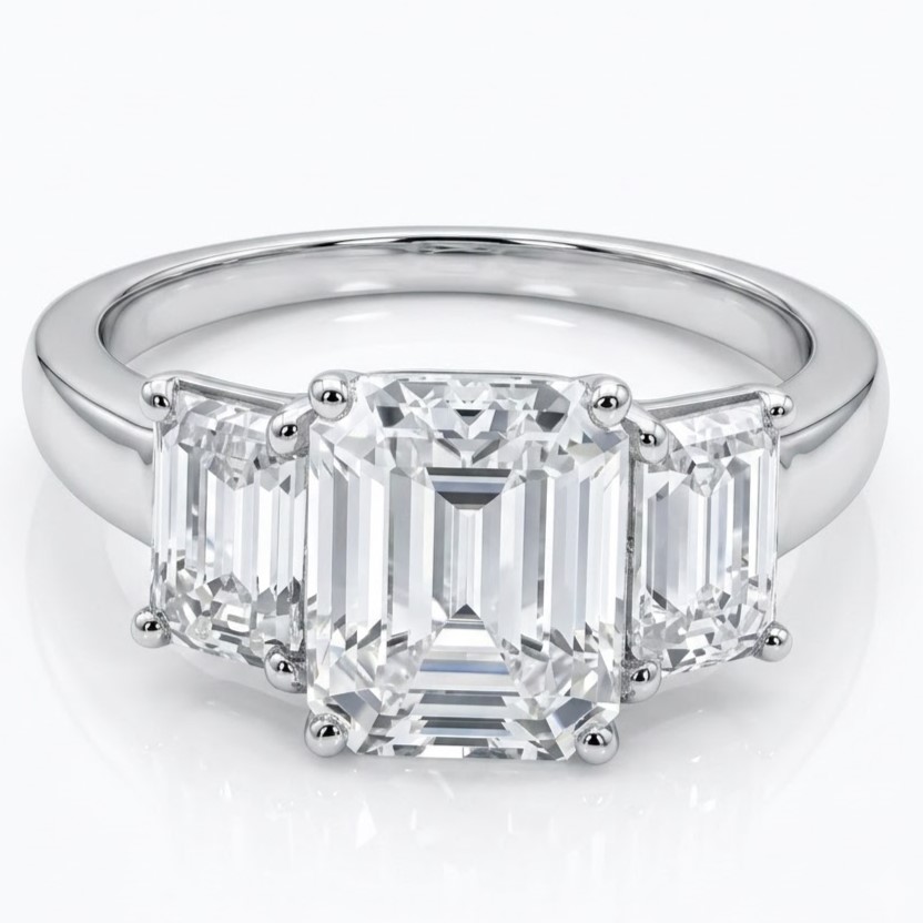 Three-Stone Emerald Cut Diamond Ring in Sterling Silver