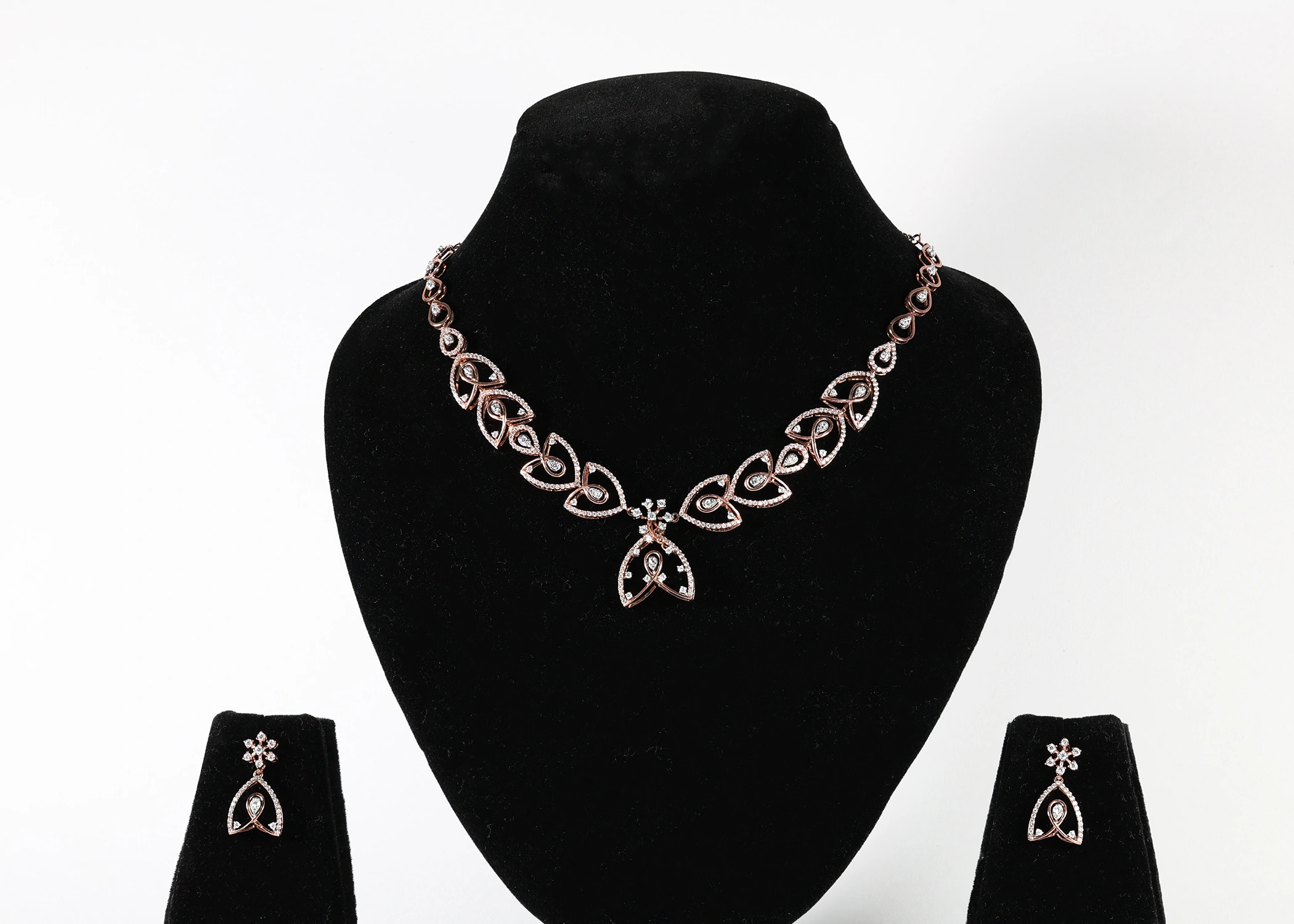 Infinity Leaf Real Gold Diamond Necklace Set with Matching Earrings