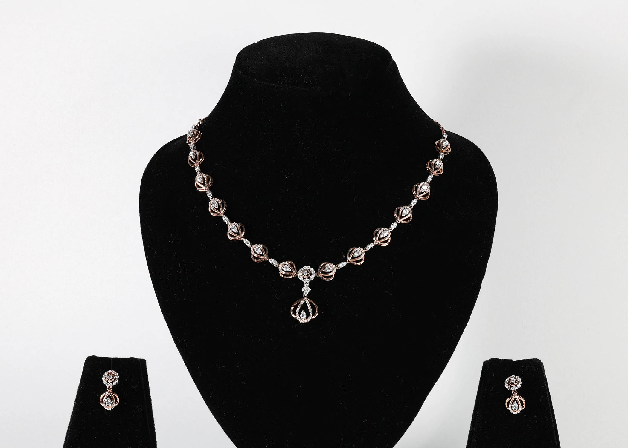 Lotus Drop Real Gold Diamond Necklace Set with Matching Earrings