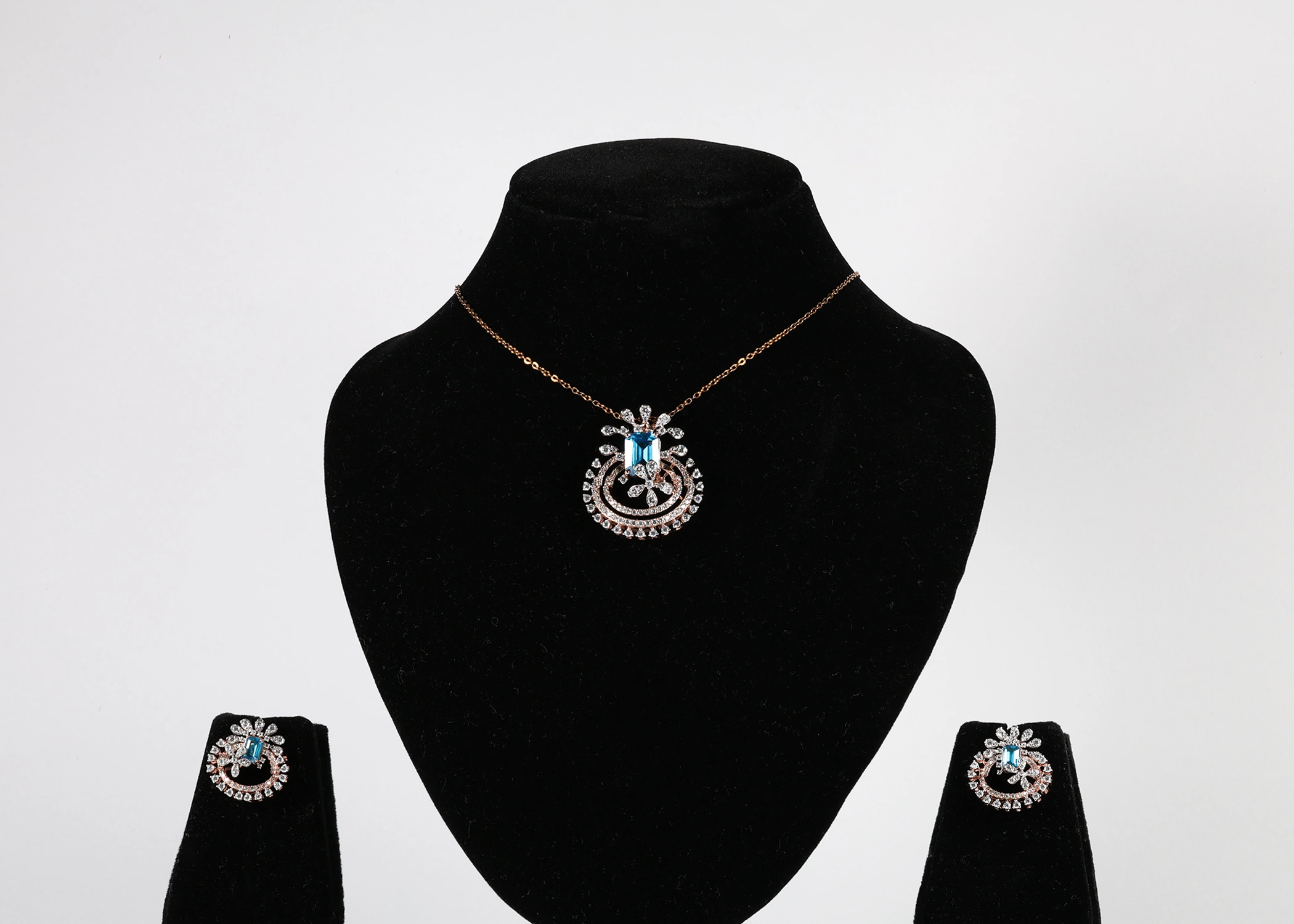 Peacock Crown Real Gold Diamond Pendant Set with Blue Stone and Matching Earrings