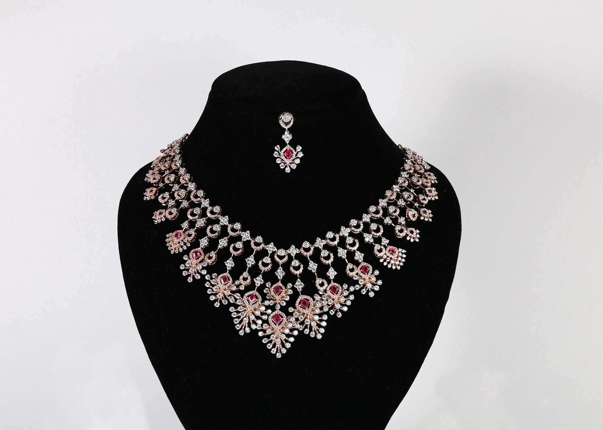 Royal Blush Real Gold Diamond Bridal Necklace Set with Matching Maang Tikka