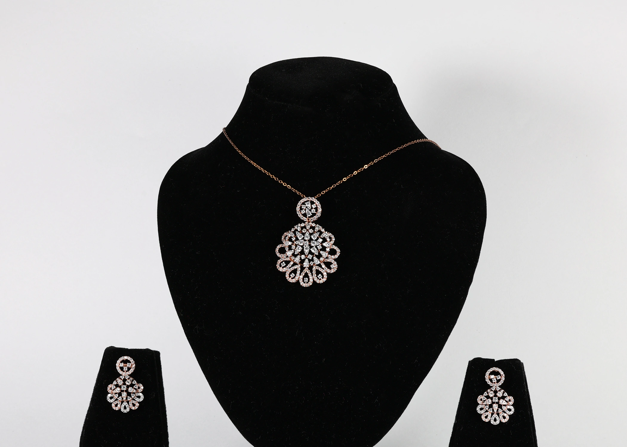 Royal Filigree Real Gold Diamond Pendant Set with Matching Earrings
