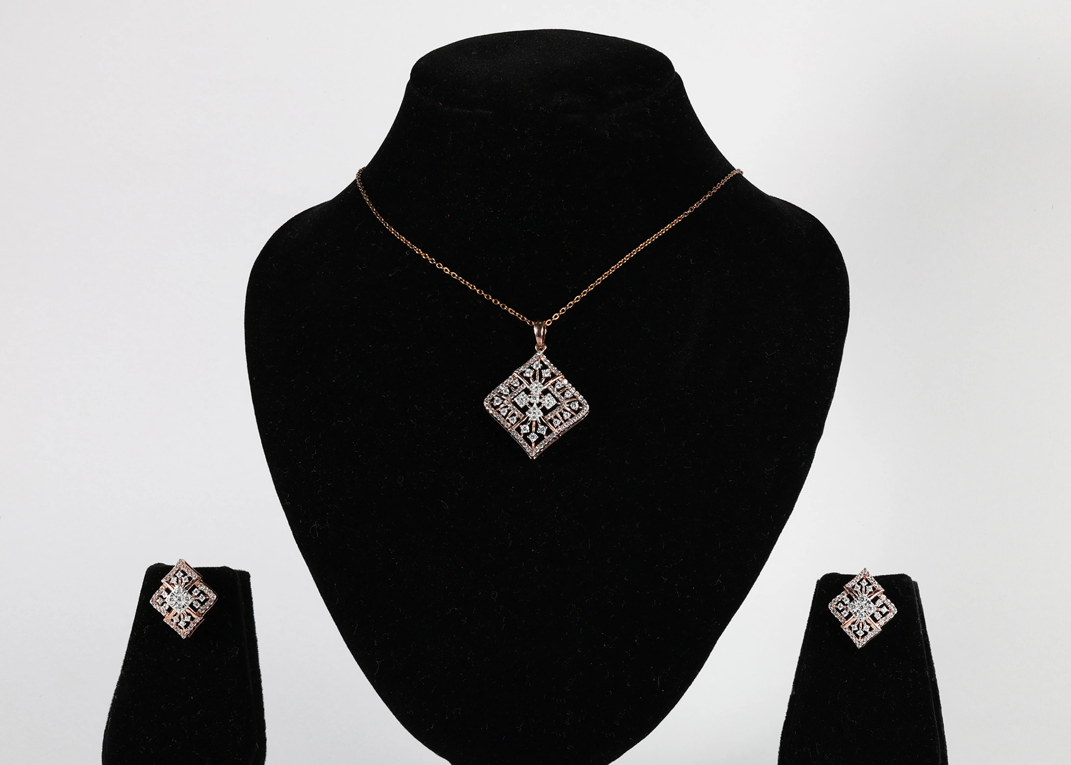 Royal Lattice Real Gold Diamond Pendant Set with Matching Earrings
