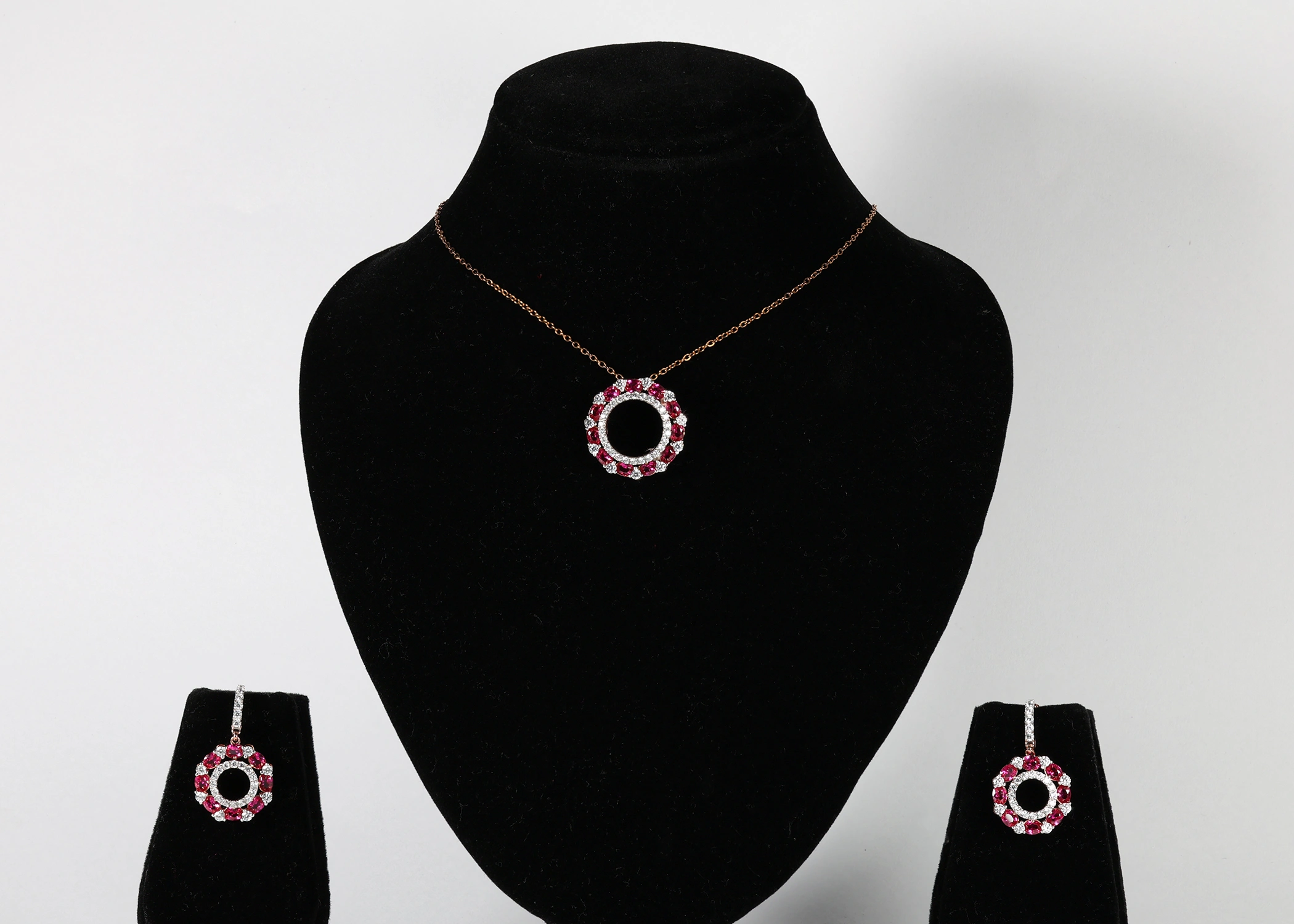 Ruby Halo Real Gold Diamond Pendant Set with Matching Earrings