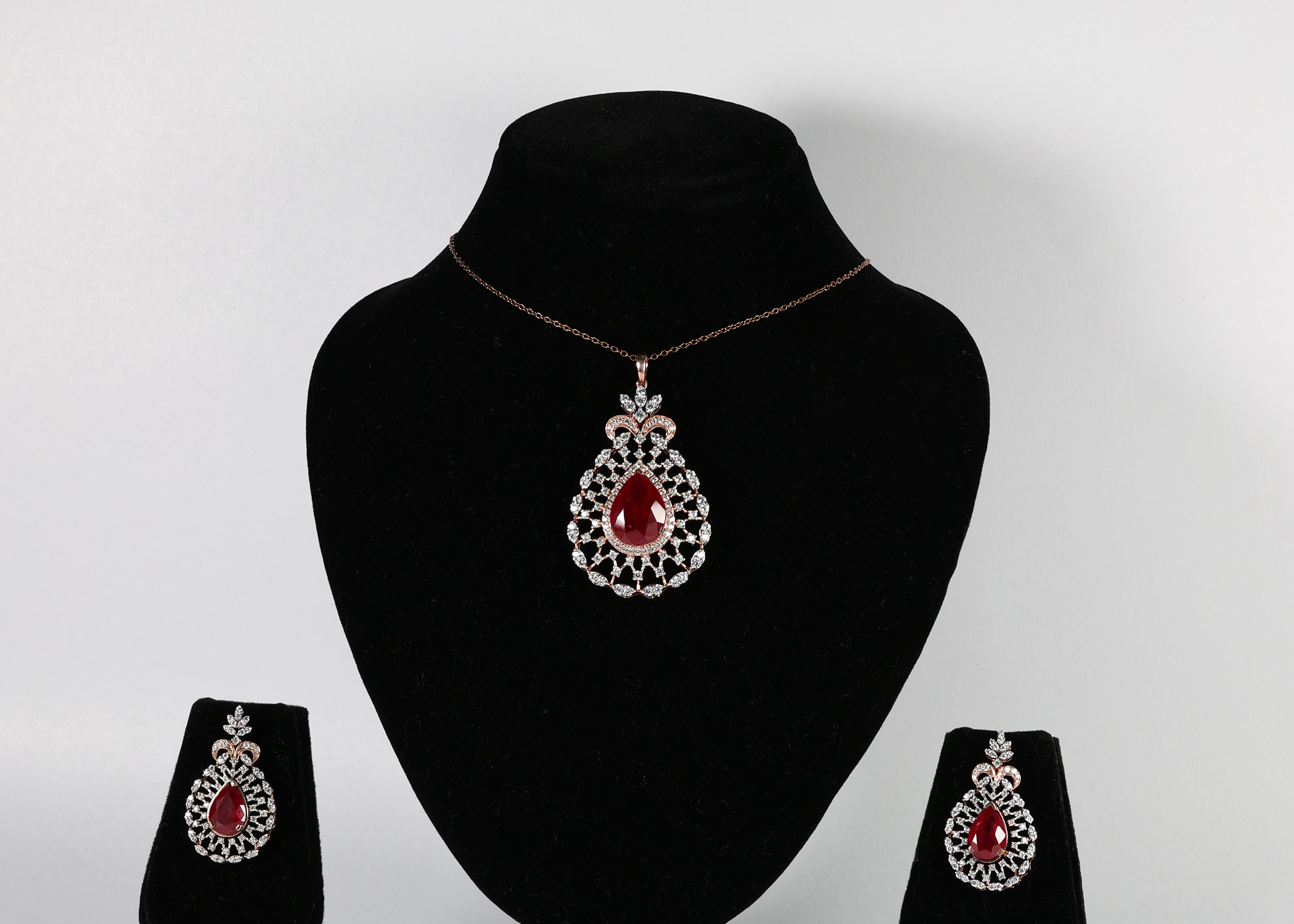 Ruby Teardrop Real Gold Diamond Pendant Set with Matching Earrings
